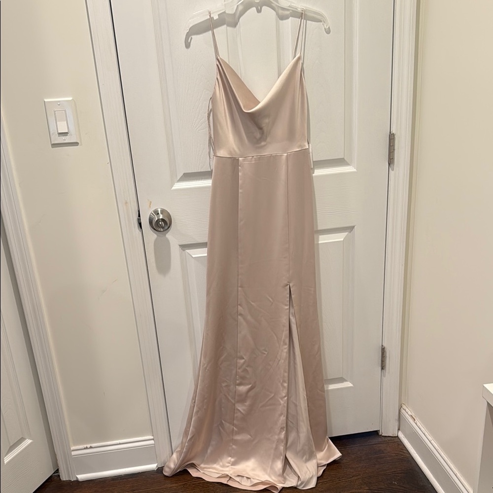 Amsale Gold Maxi Gown with Cowl Neck and Spaghetti Straps